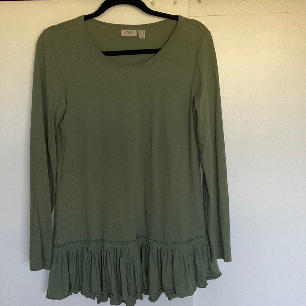 LOGO by Lori Goldstein Olive Long Sleeve Top with Ruffle Hem